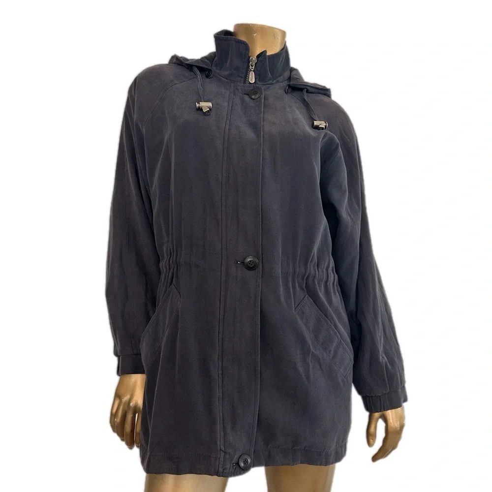 Y2K London Fog Slate Greyish blue Hooded Utility Jacket size M petite